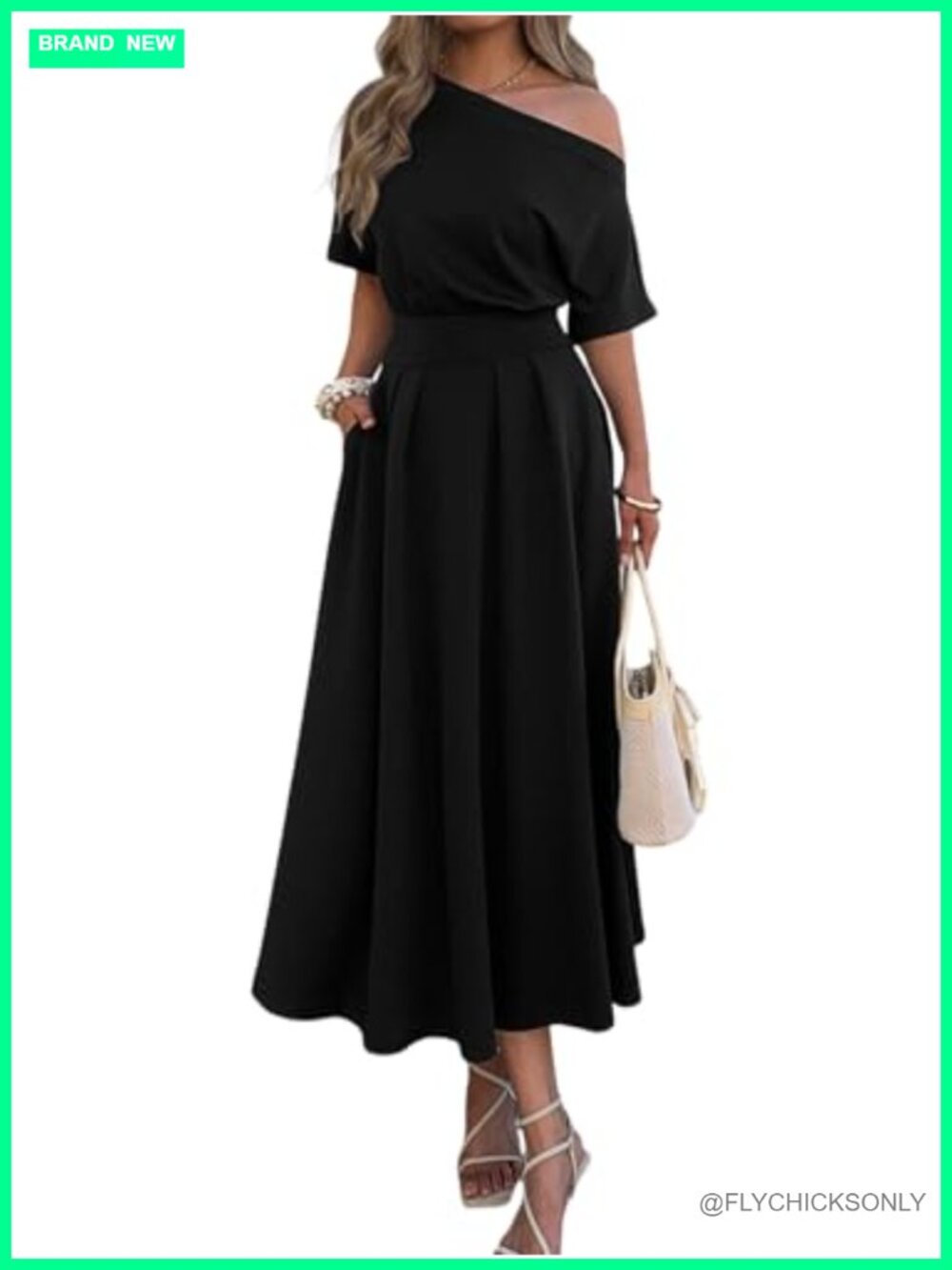 One Shoulder Empire Waist Maxi Dress Pleated Pockets Casual Formal